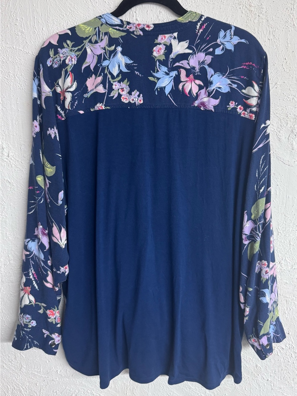 Women's Terra & Sky Navy Floral Print Long Sleeve Faux-Wrap Crossover Blouse - Picture 3 of 7